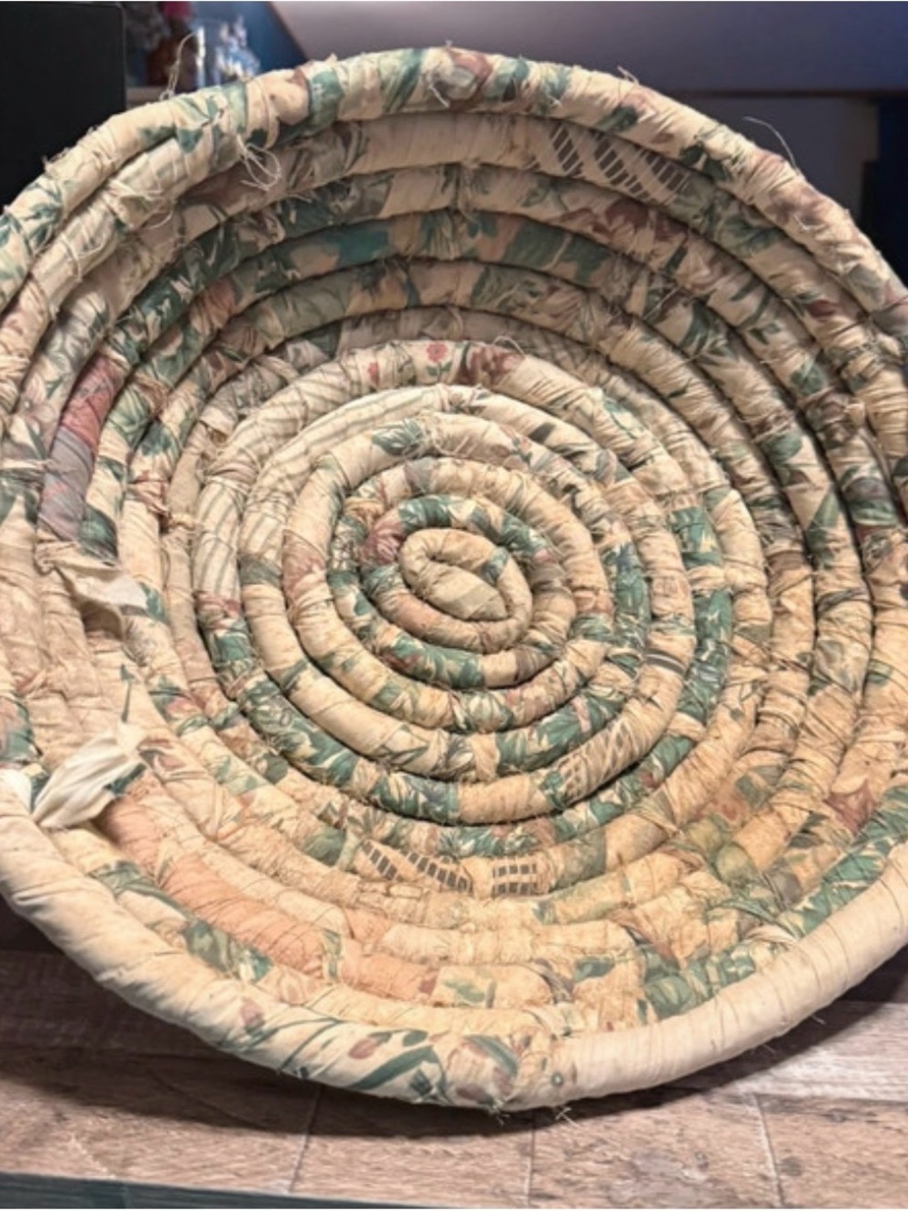 Handwoven Coiled Fabric Basket - Cream & Green Home Accent